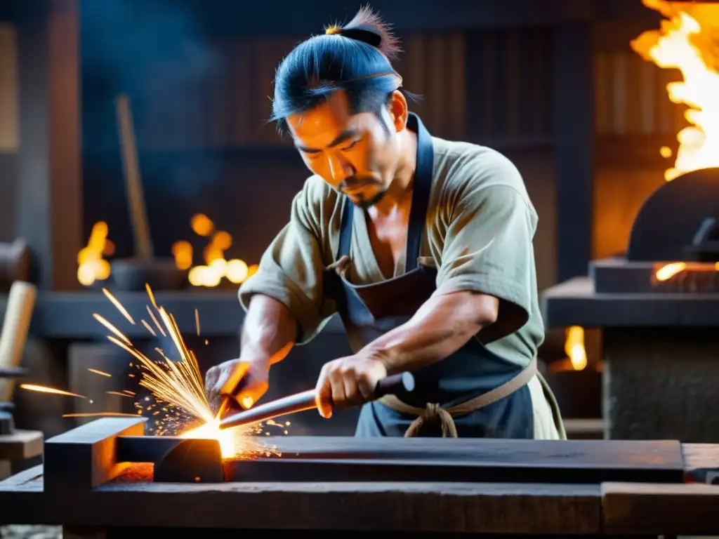 Un herrero japonés forja una katana entre chispas y herramientas tradicionales, mostrando las diferencias entre katanas ceremoniales y de batalla