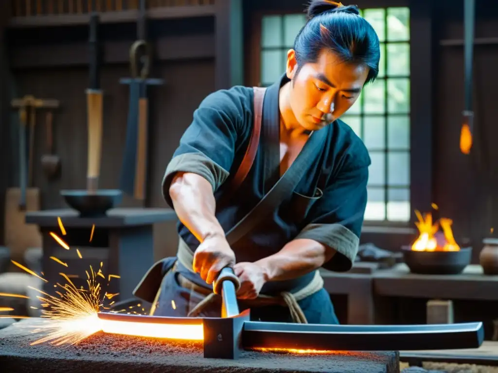 Herrero japonés forjando una katana con destellos de metal