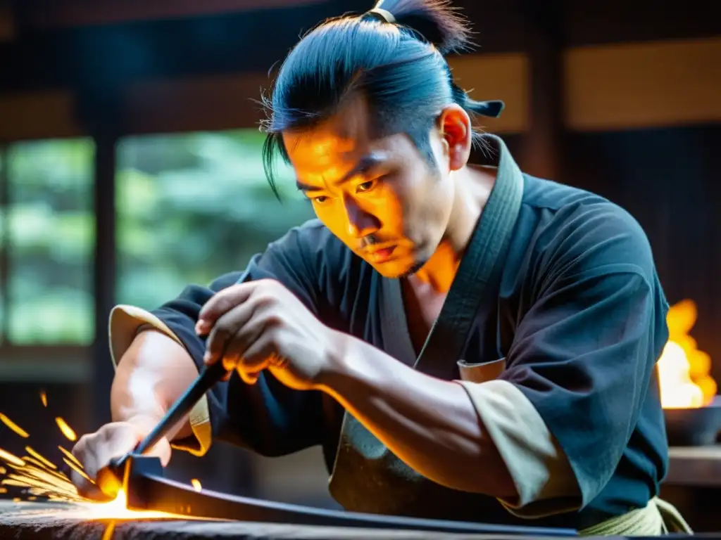 Un herrero japonés forja una katana con destreza y concentración, resaltando el mantenimiento de katana samurái