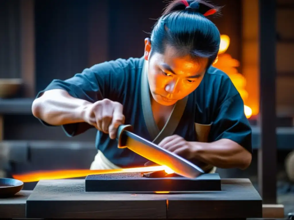 Un herrero japonés forja una katana, cuidando cada detalle en la preservación ancestral del filo samurái