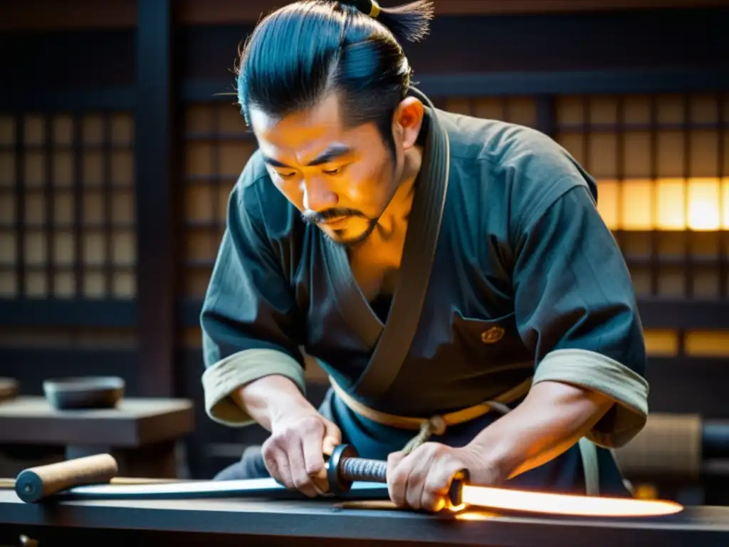 Un herrero japonés forja una katana con influencia de las espadas damascenas en un taller tradicional, creando una obra de arte ancestral