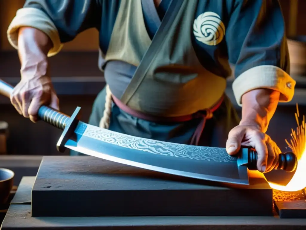 Un herrero japonés forja una katana con maestría, la intensa luz del horno resalta el ambiente cálido