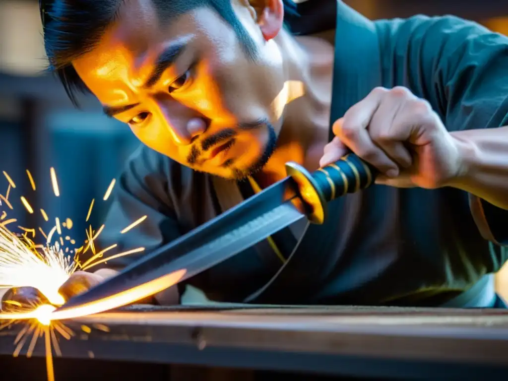 Un herrero japonés forja una katana con precisión, creando una obra maestra que refleja la tradición y habilidad únicas