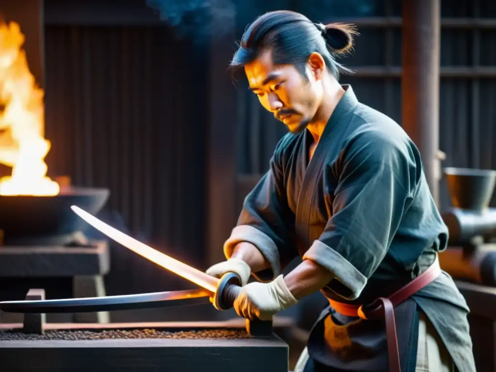 Un herrero japonés forja una katana, rodeado por el resplandor del horno y los patrones del metal caliente, capturando la artesanía milenaria de la legendaria arma