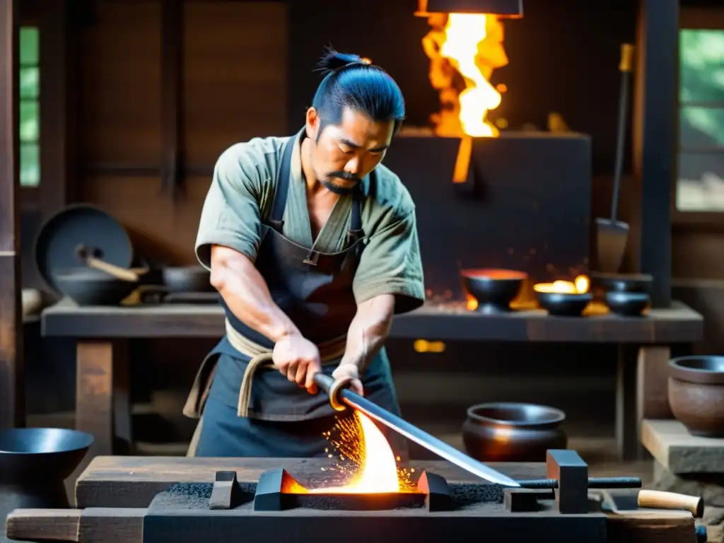 Un herrero japonés forja una katana con maestría, rodeado de herramienteas y carbón ardiente