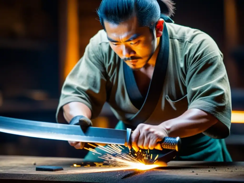 Un herrero japonés cuidadosamente forja una katana samurái en un taller atmosférico, destacando la dedicación y el mantenimiento de la espada