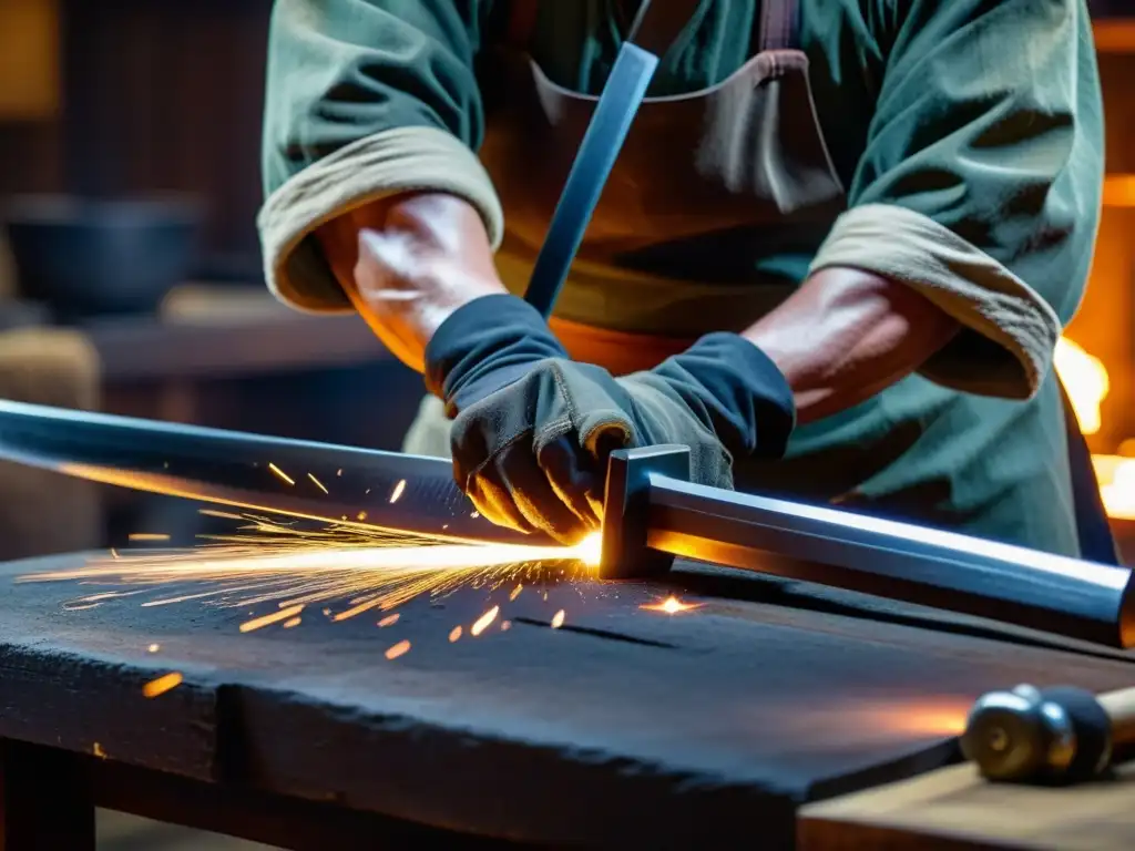 Un herrero japonés crea una katana en su taller, proceso paso a paso forja samurái