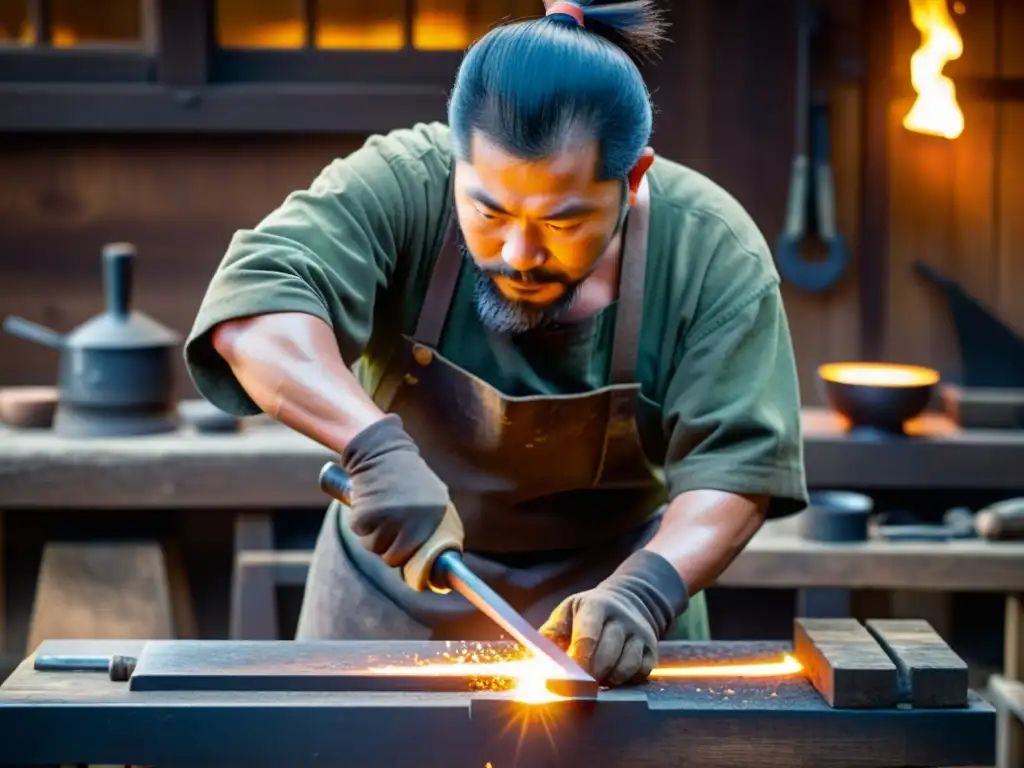 Un herrero japonés forja una katana samurái en su taller, rodeado de herramientas antiguas