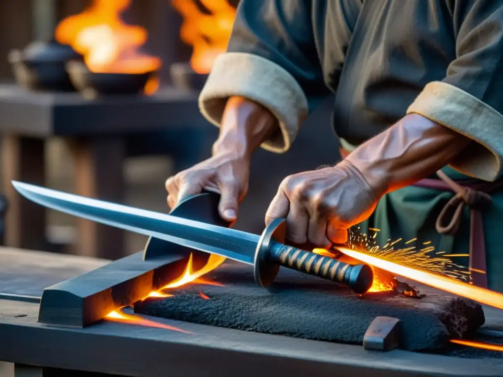 Herrero japonés forjando una katana con maestría en su taller tradicional, destacando la historia y arte de los herreros