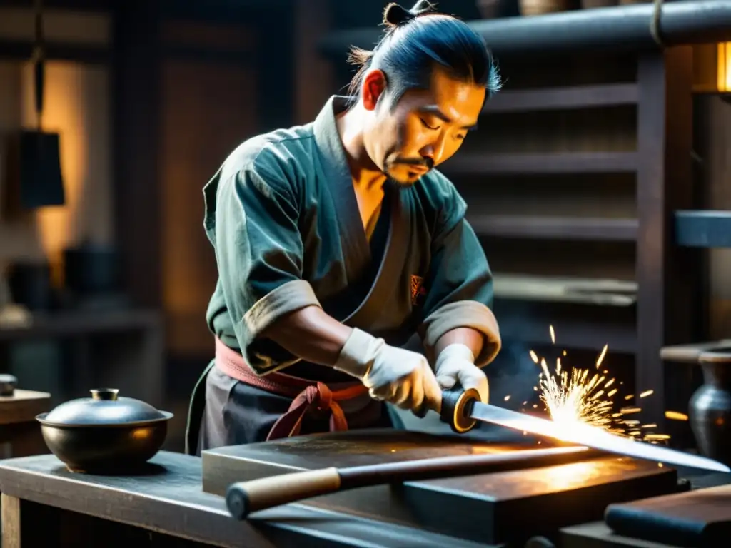 Un herrero japonés crea con maestría una katana en su taller tradicional, rodeado de herramientas antiguas