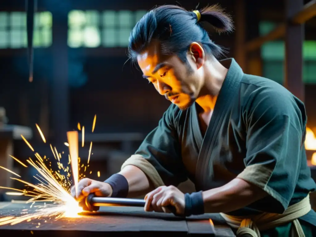 Un herrero japonés forja una katana en su taller, con gran destreza y concentración