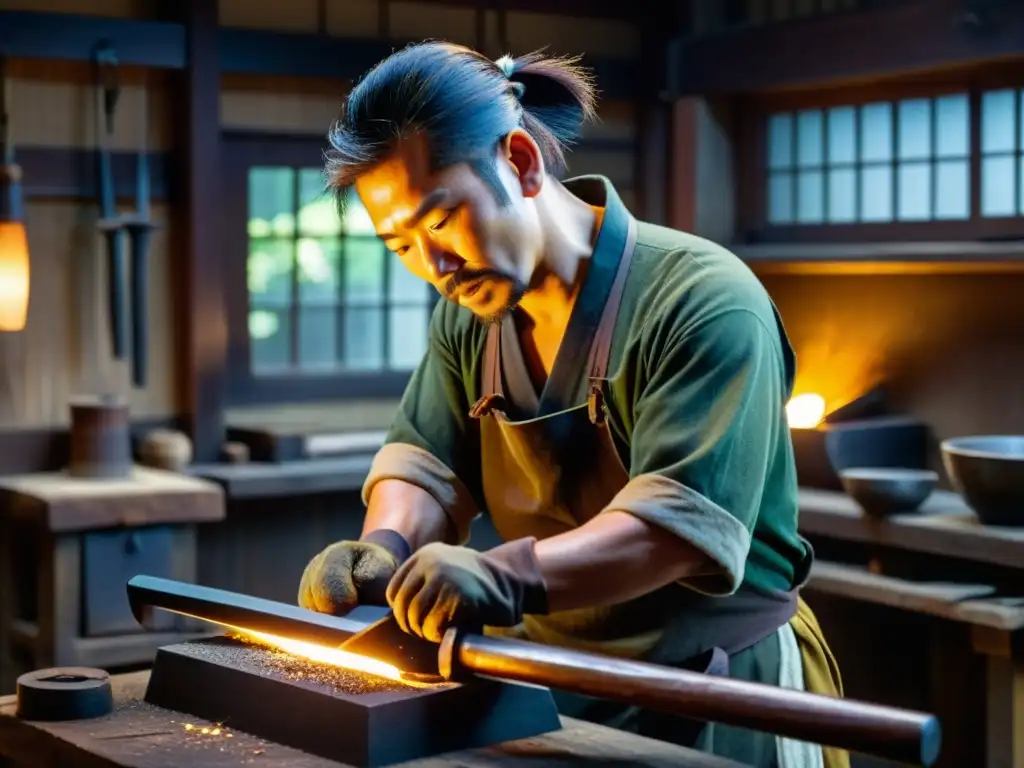 Un herrero japonés forja una katana con pasión en su taller, conservación katanas históricas técnicas restauración