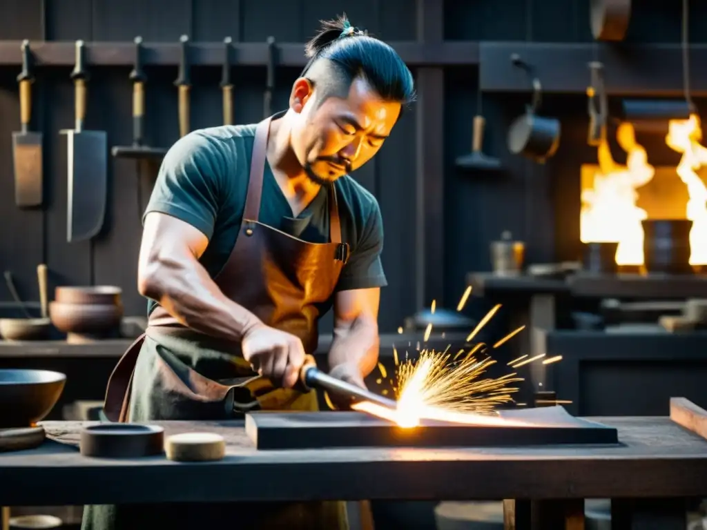 Un herrero japonés cuidadosamente forja una katana samurái en su taller, rodeado de herramientas y la atmósfera de tradición y artesanía