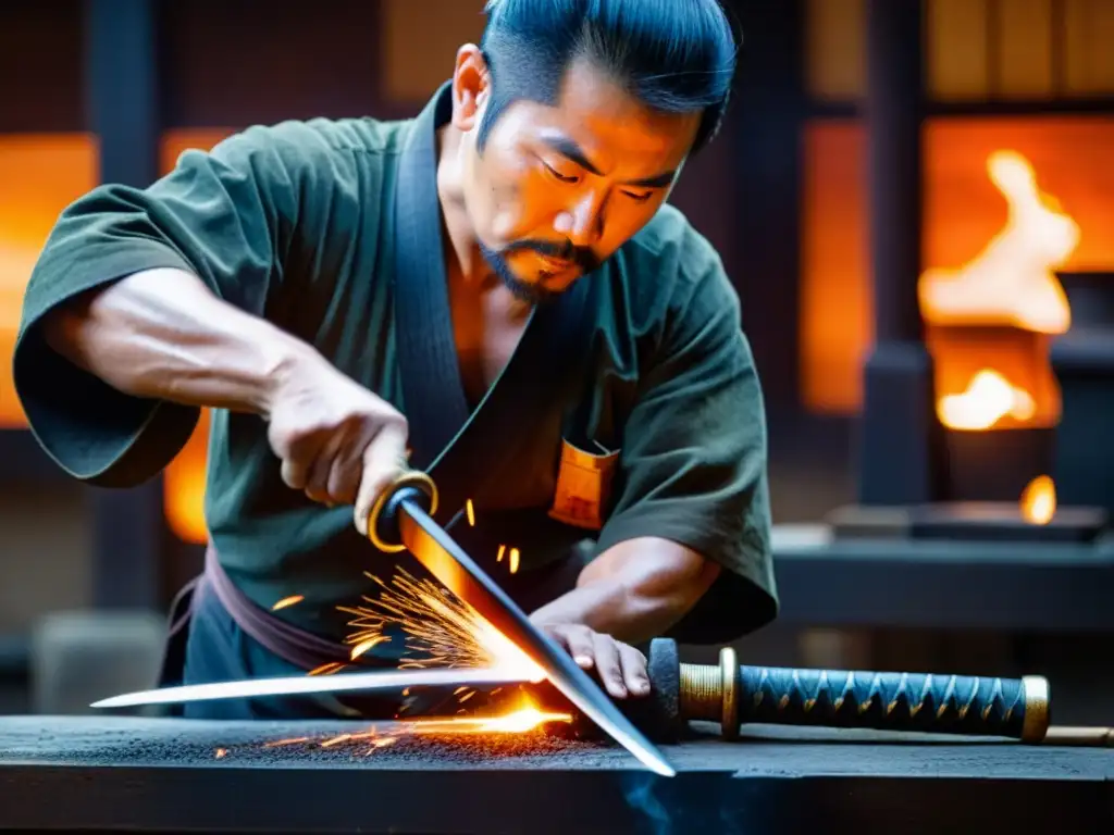 Un herrero japonés forja una katana samurái con técnicas tradicionales, rodeado de vapor y chispas, en una escena atmosférica y poderosa