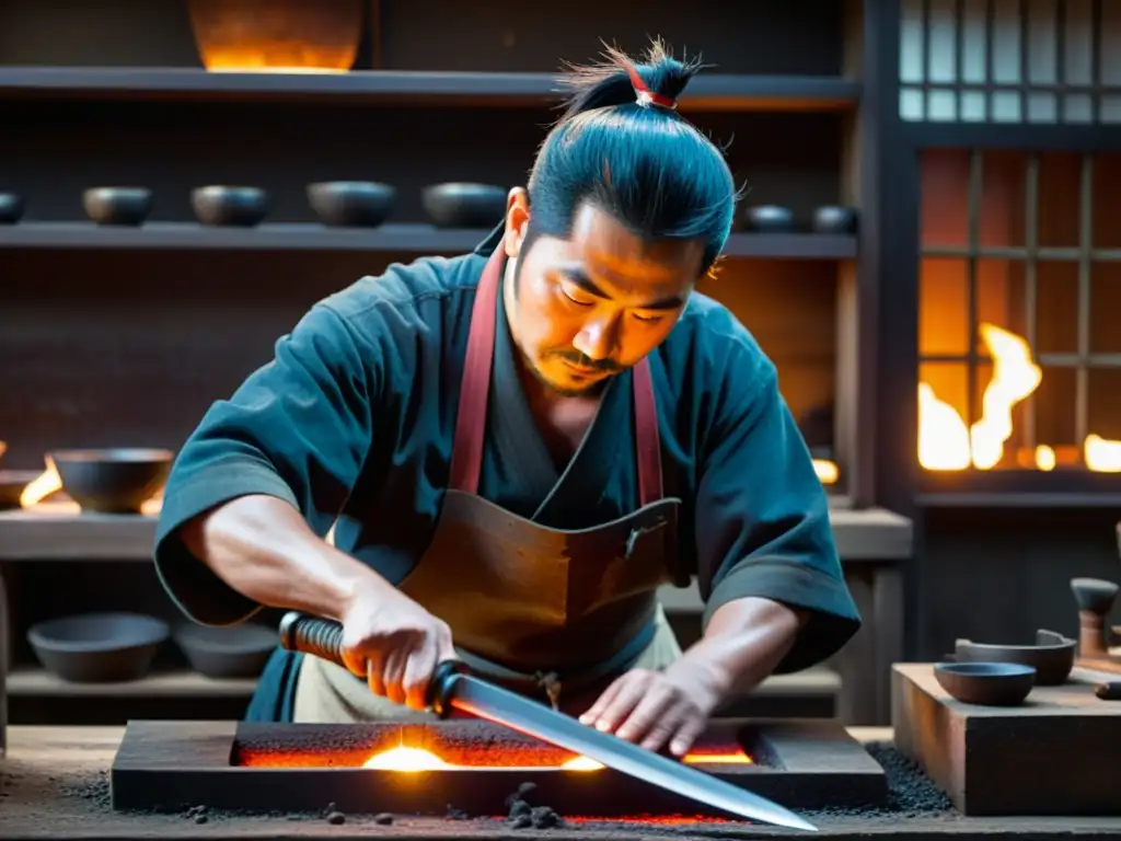 Un herrero japonés forja una katana única rodeado de materiales exclusivos en un taller tenue