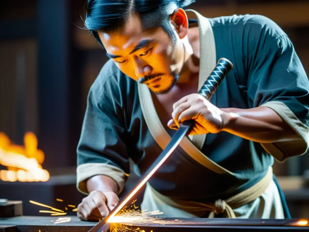 Un herrero japonés moderno forja una katana con destreza, rodeado de herramientas tradicionales en un taller iluminado con tenue luz