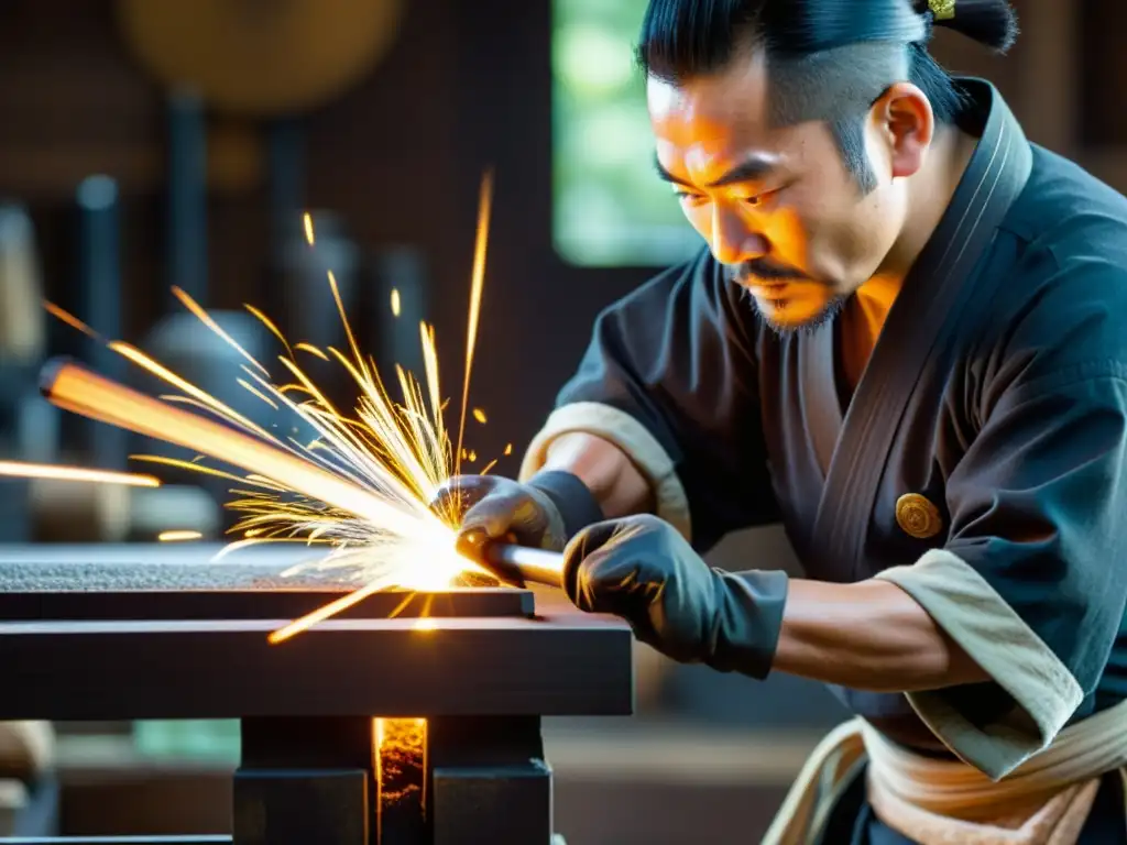 Un herrero japonés forja con precisión una espada samurái, destacando la importancia del peso y la geometría en su diseño