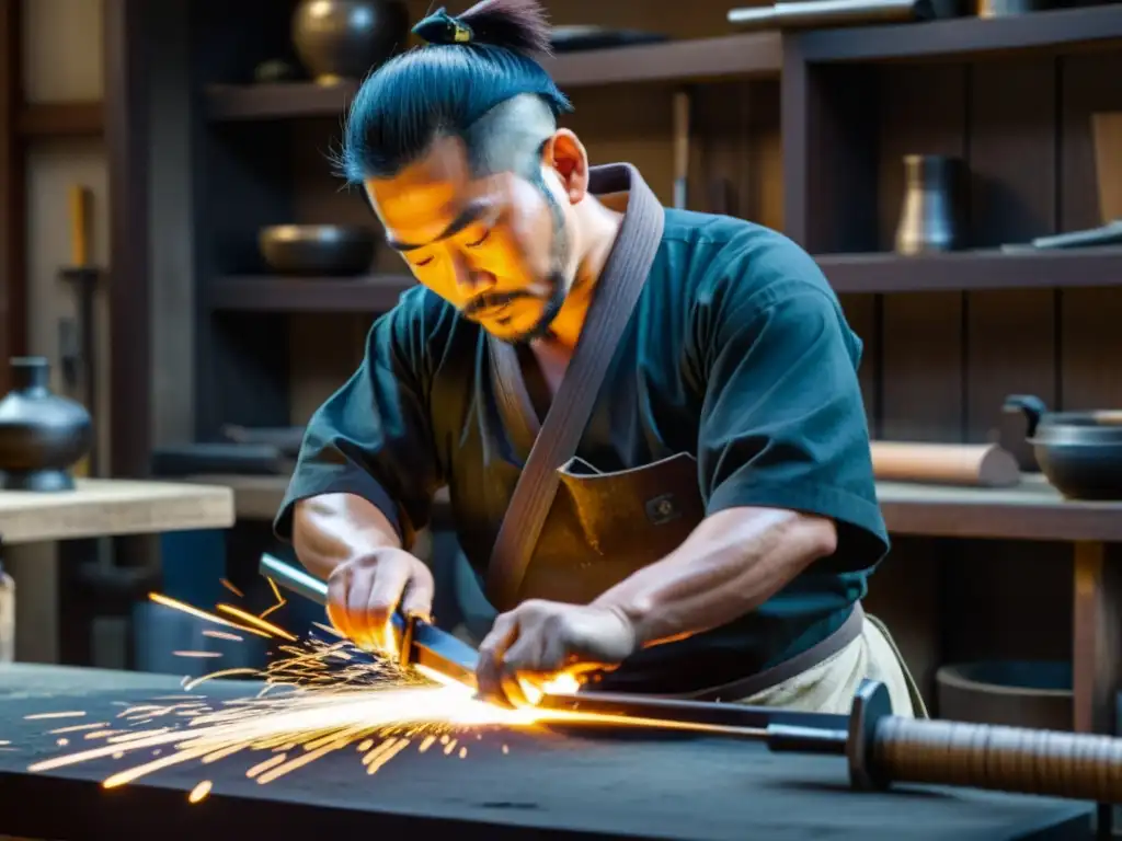 Un herrero japonés forja con precisión una espada samurái en su taller, rodeado de herramientas y materiales