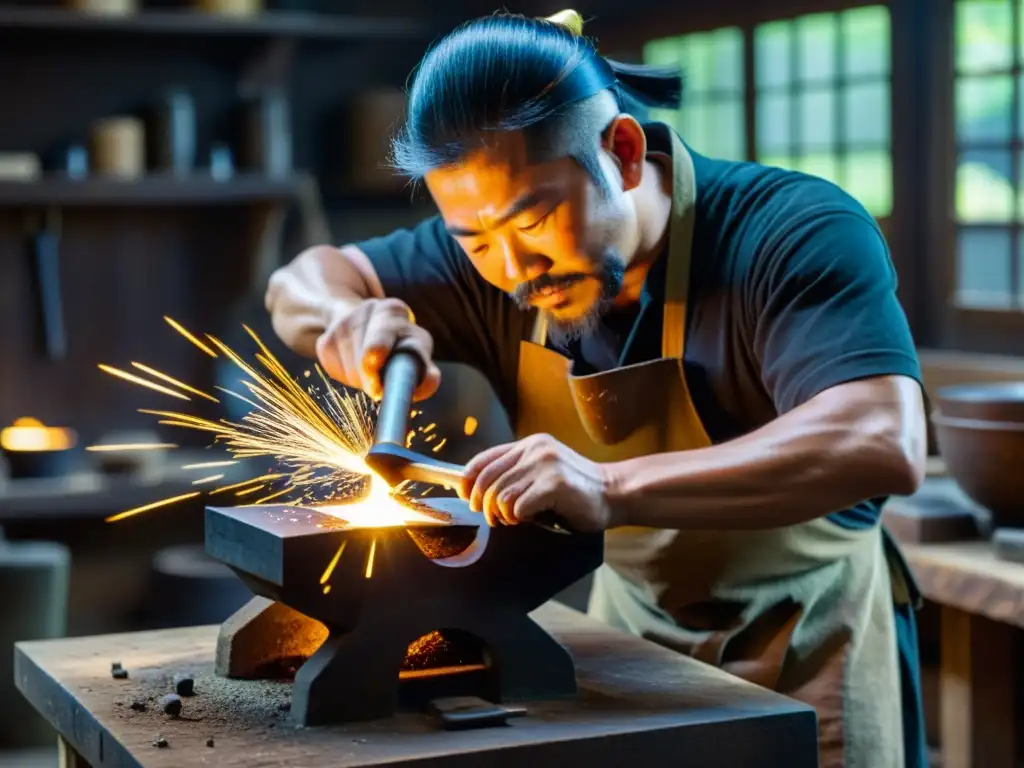 Un herrero japonés forja con precisión una espada samurái en su rústico taller, en un proceso paso a paso forja samurái