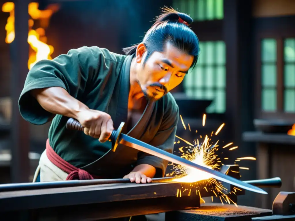 Un herrero japonés forja con precisión una katana, entre chispas y calor intenso, mostrando la historia de katanas legendarias