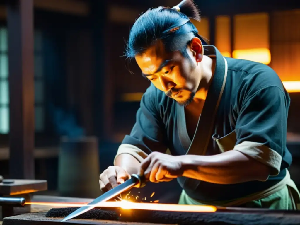 Un herrero japonés forja con precisión una katana en su taller, iluminado por el cálido brillo del horno