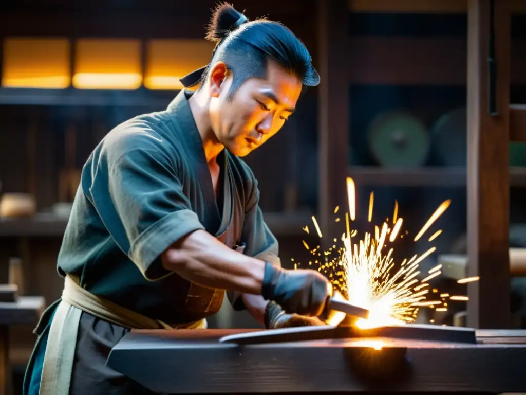 Un herrero japonés forja con precisión una katana samurái en su taller, envuelto en una cálido resplandor de la fragua