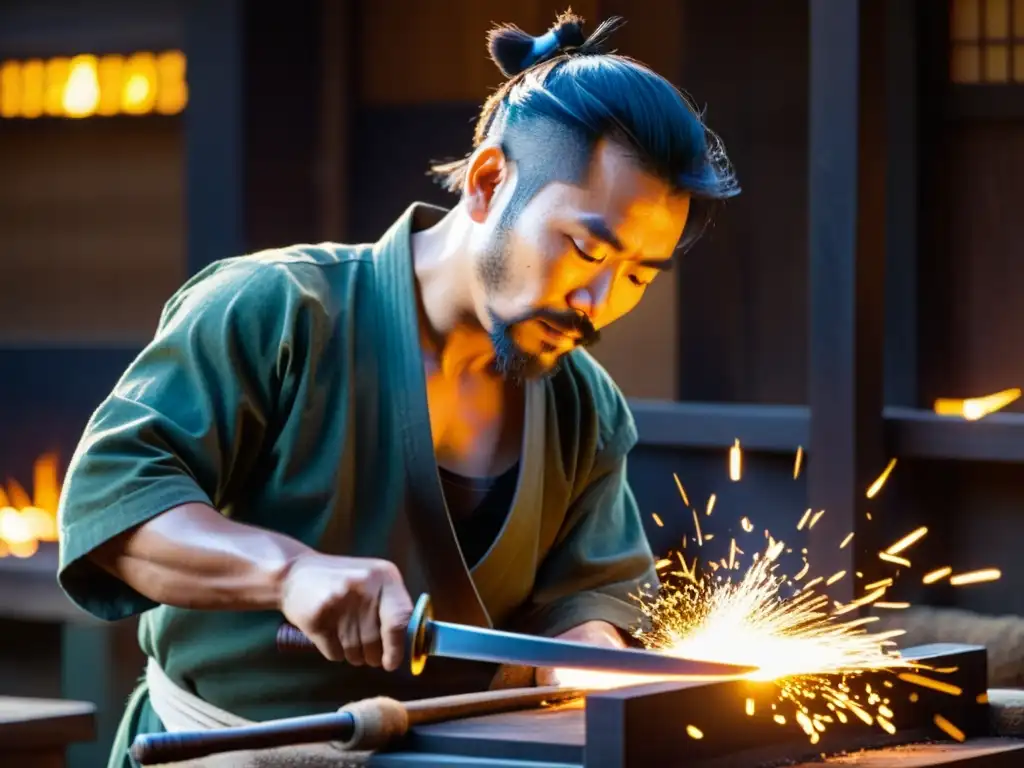 Un herrero japonés utiliza técnicas antiguas de forjado Wakizashi para crear una espada, con chispas y una luz cálida iluminando la escena