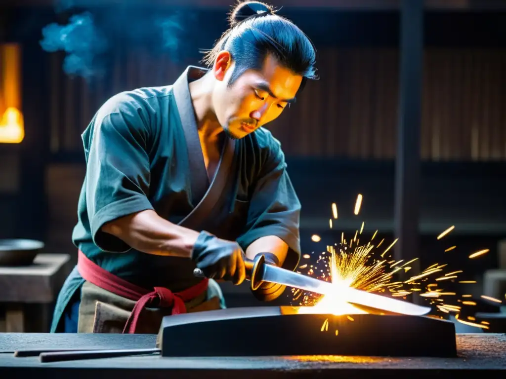 Un herrero japonés tradicional martilla y dobla capas de acero incandescente para forjar una katana, mostrando la física detrás de la katana