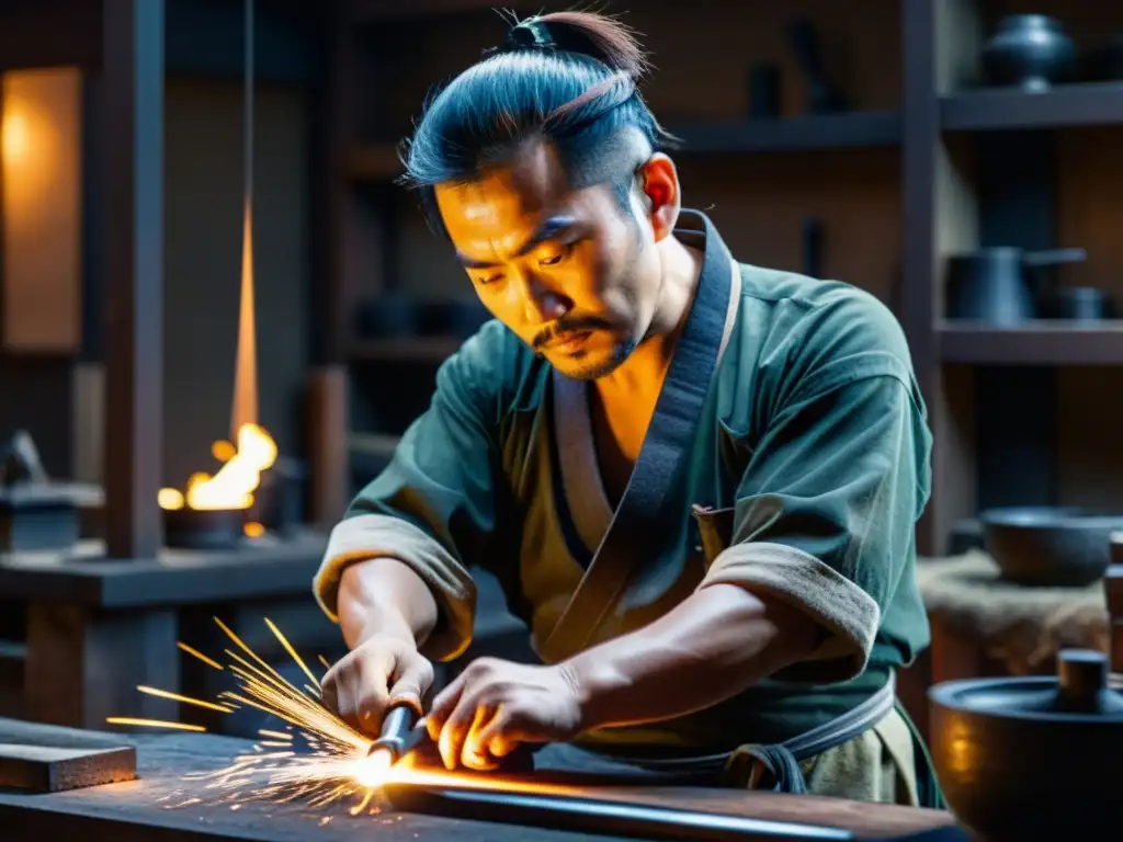 Un herrero japonés tradicional forja una espada samurái con técnicas de fabricación de acero samurái en un taller atmosférico