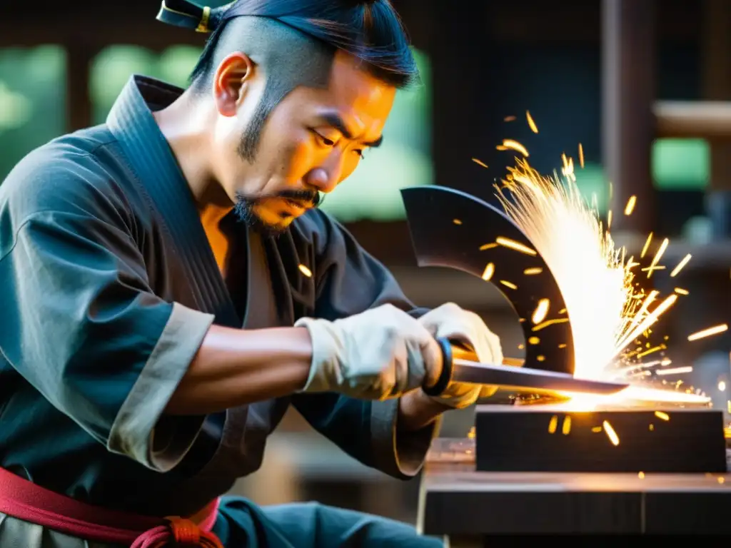 Un herrero japonés tradicional crea con precisión un wakizashi, con chispas volando mientras da forma al metal