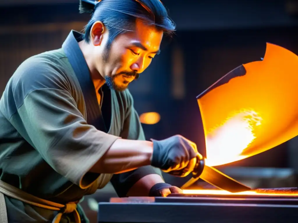 Un herrero japonés tradicional realiza el proceso de forjado de katanas samuráis, con destreza y devoción, en su taller lleno de detalles ancestrales