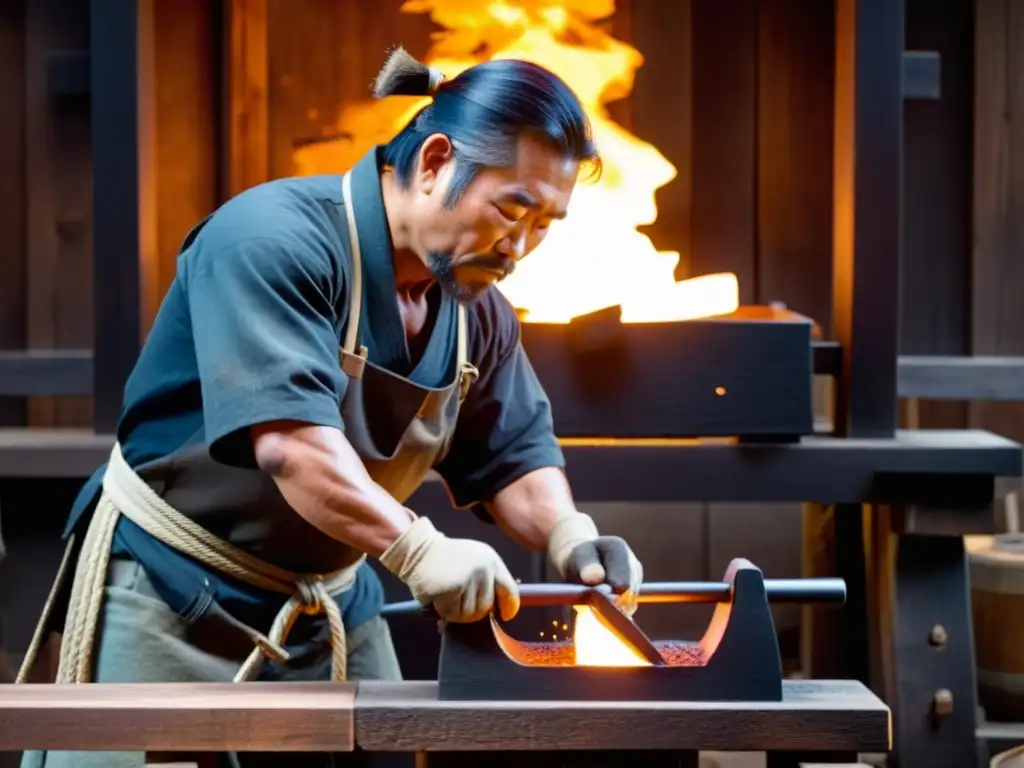 Un herrero japonés en traje tradicional martilla metal fundido en un molde de madera, creando patrones en una placa de armadura samurái