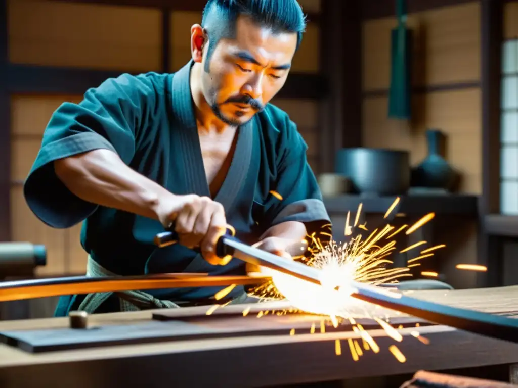 Un herrero japonés forja un wakizashi con destreza, creando una atmósfera de tradición y maestría en la estrategia samurái con wakizashi