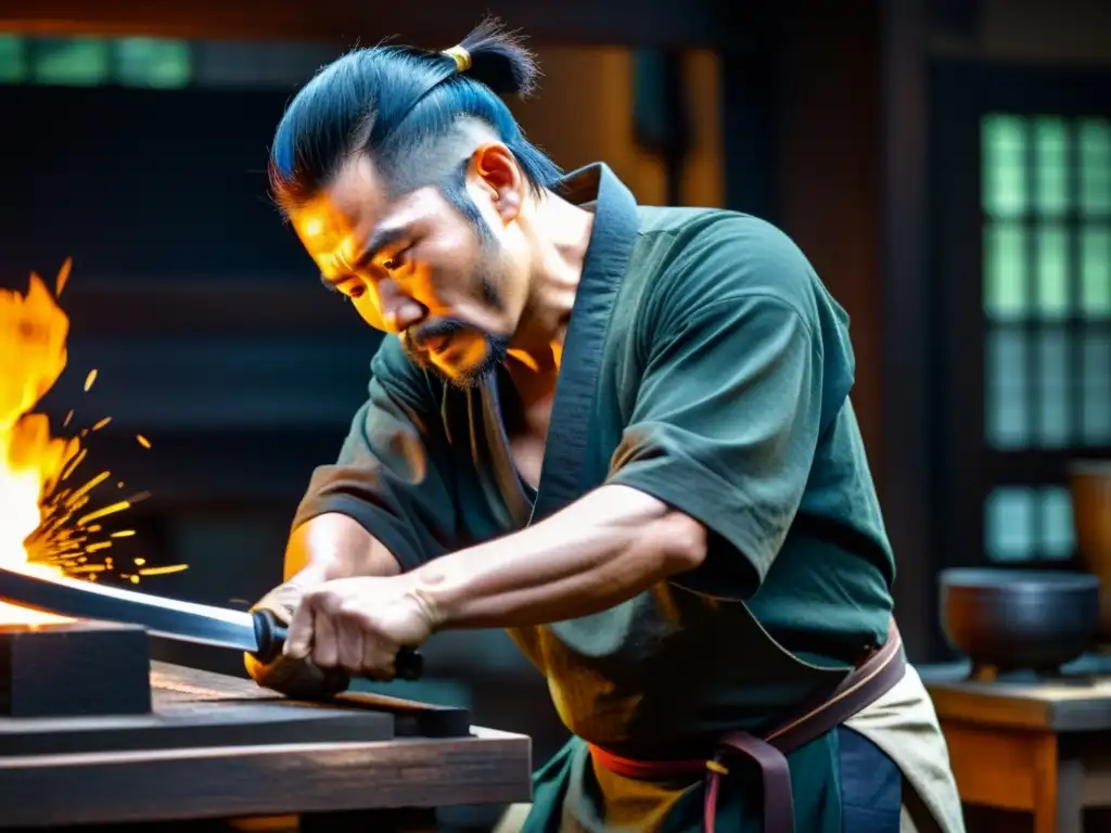 Un herrero forja una katana japonesa tradicional con maestría en su taller, destacando la artesanía y dedicación