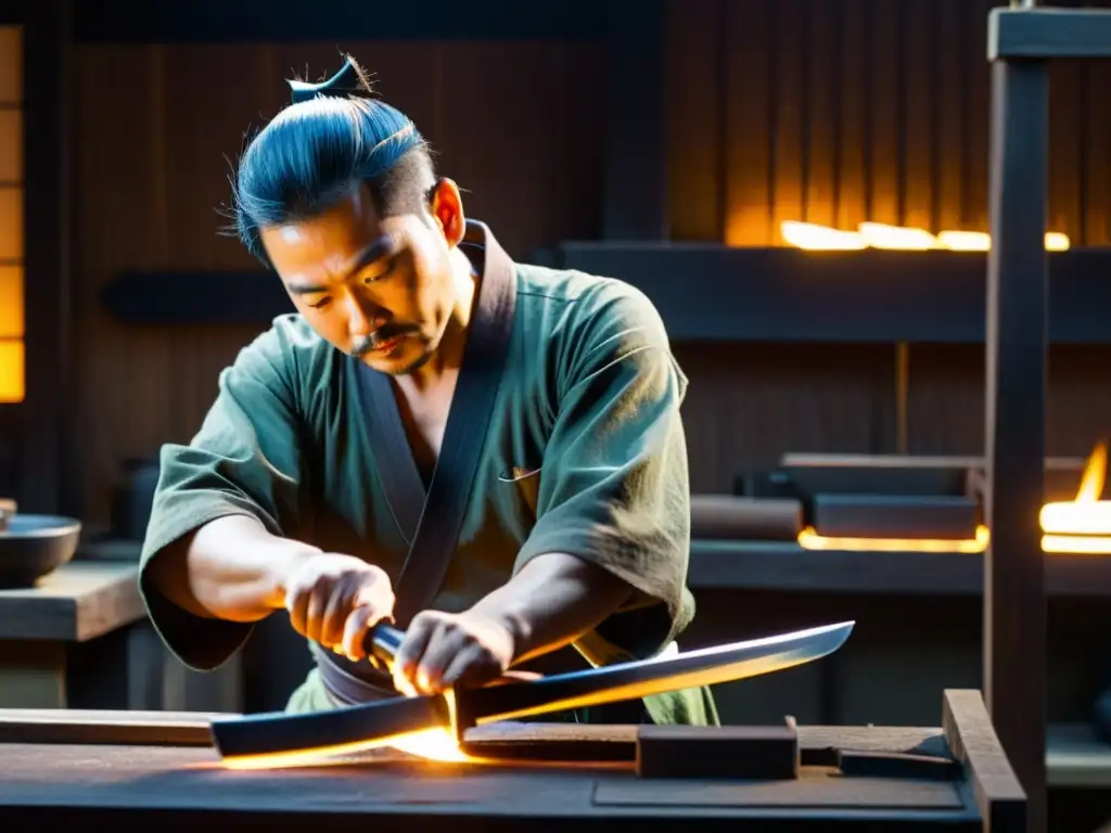 Un herrero japonés afila una katana con técnicas samurái en un taller atmosférico