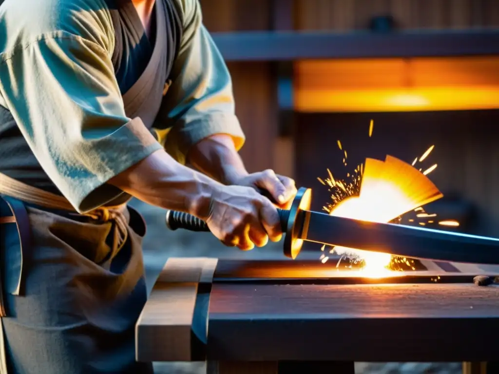 Un herrero japonés combina tecnología y tradición al forjar una katana, en una escena iluminada por el resplandor suave de la fragua