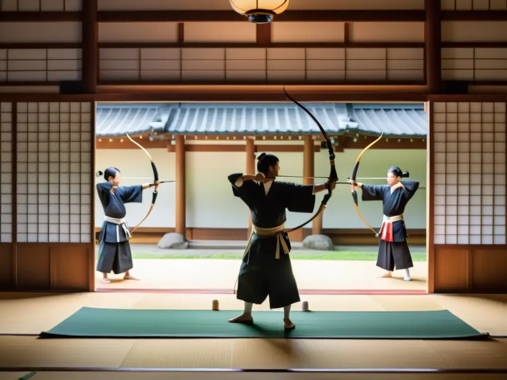 Historia ancestral arquería samurái: Dojo de arquería japonés con samuráis practicando kyudo al amanecer, en un ambiente sereno y tradicional