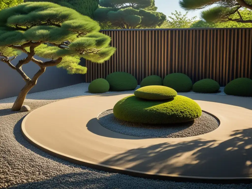 Jardín Zen con historia samurái: Gravilla cuidadosamente rastrillada, rocas y árboles podados, bañados por la luz del atardecer