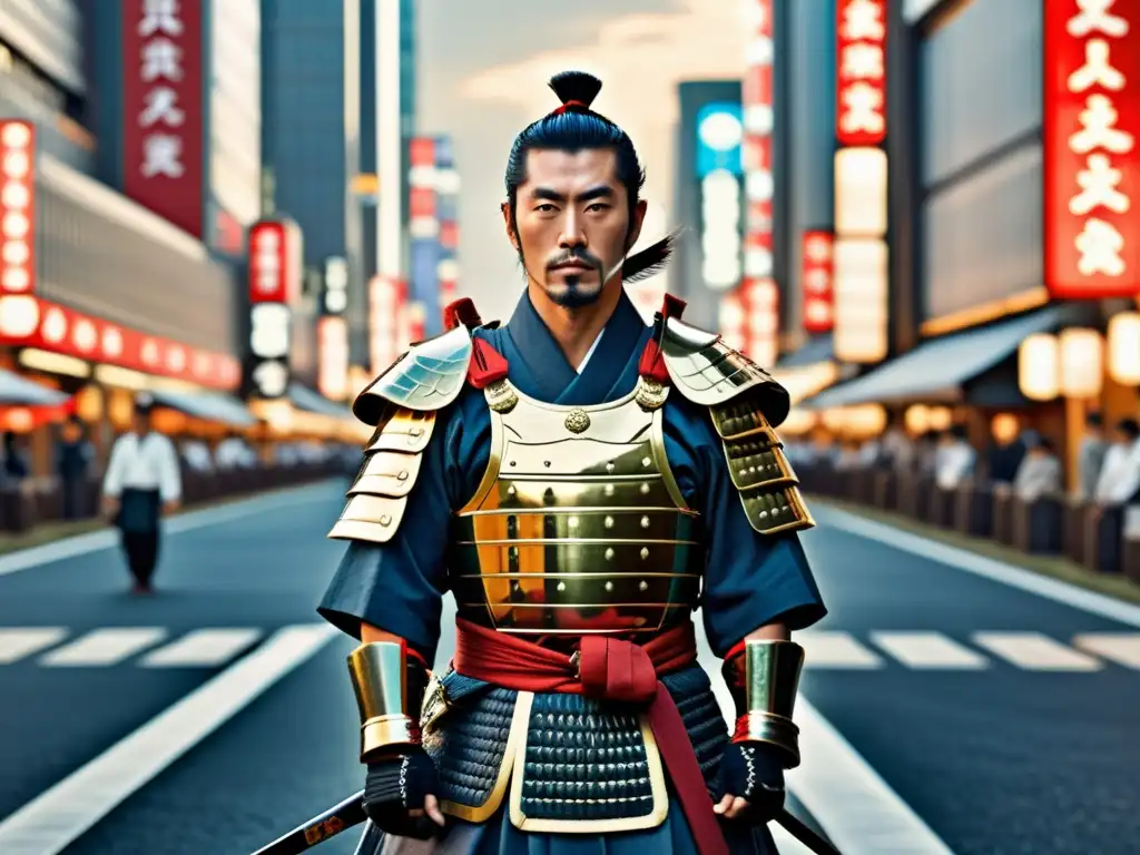 Samurái moderno en las calles de Tokio: legado ancestral y contemporáneo La historia del samurái japonés cobra vida en esta impactante imagen de un guerrero moderno en armadura tradicional, en una concurrida calle de Tokio