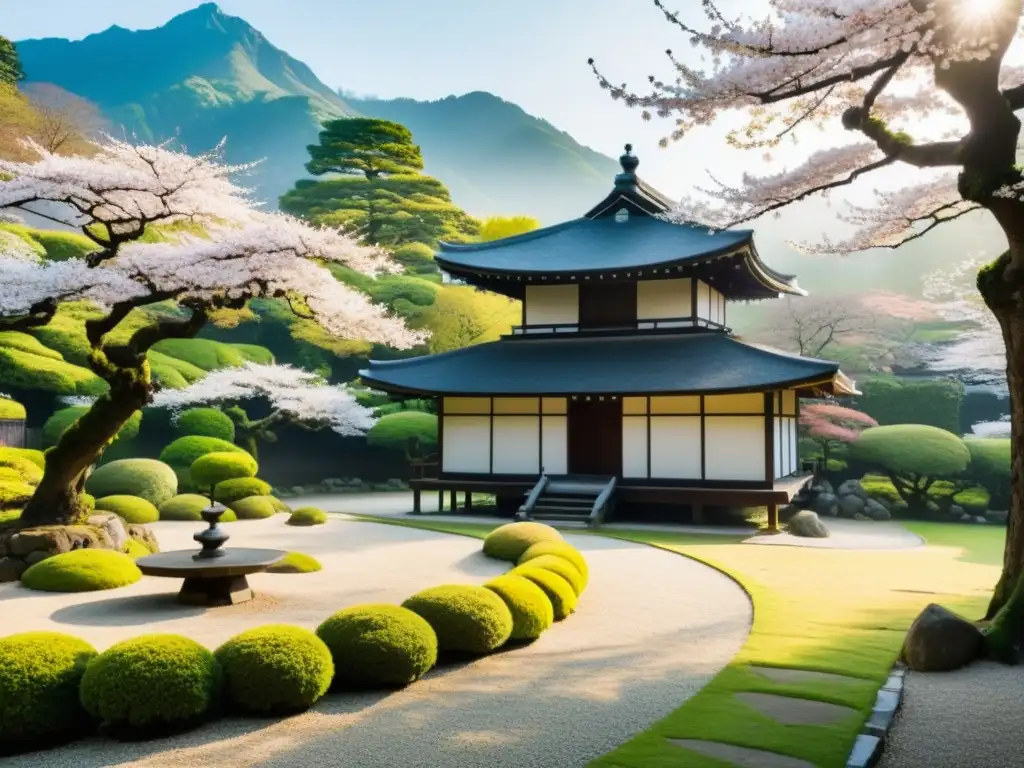 Jardines Zen con historia samurái: Sereno jardín cubierto de musgo, árboles de cerezo y arquitectura japonesa, con castillo samurái al fondo