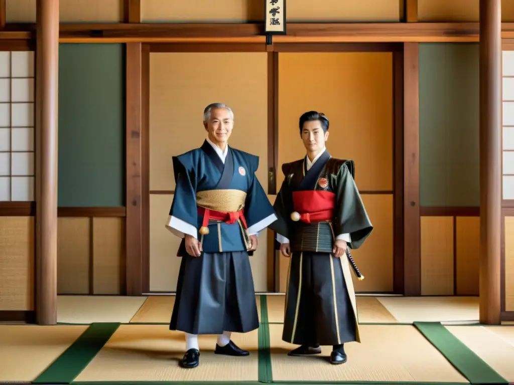 Histórica reunión entre oficiales portugueses y japoneses en un edificio tradicional japonés, mostrando la influencia portuguesa en artes marciales samuráis