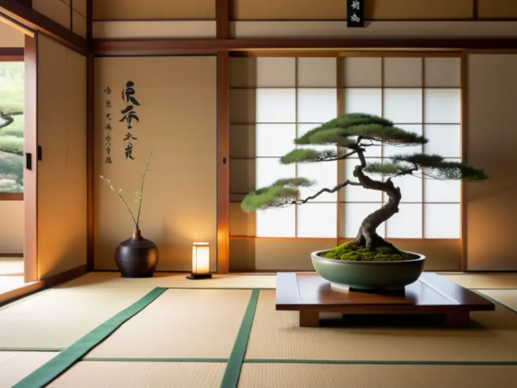 Decoración hogar estilo samurái: Habitación tatami japonesa con shoji y bonsái, iluminada por luz natural y serena caligrafía