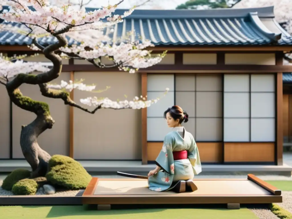 Un hogar japonés tradicional con sakuras en flor, una mujer en kimono cuidando un bonsái y un samurái en silueta