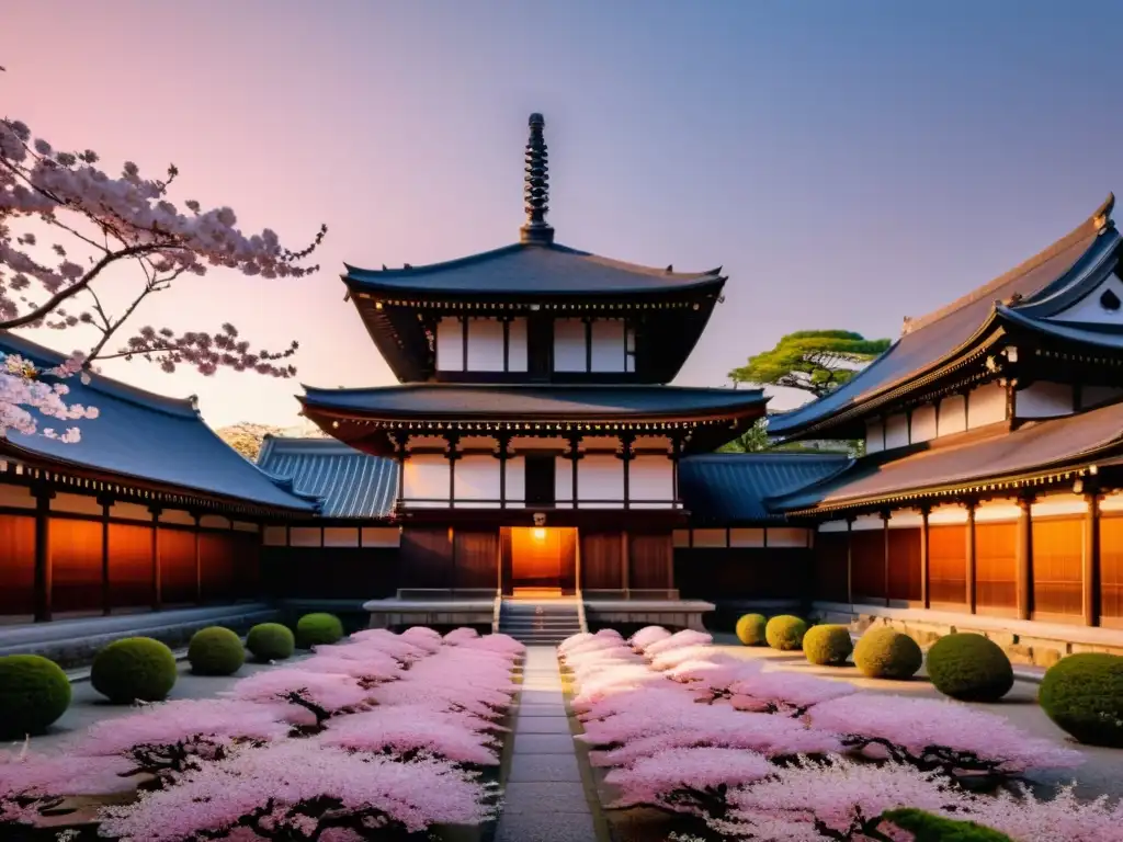 El Honnoji en Kyoto al anochecer, con los edificios iluminados y los cerezos en flor, evoca la traición de Akechi Mitsuhide