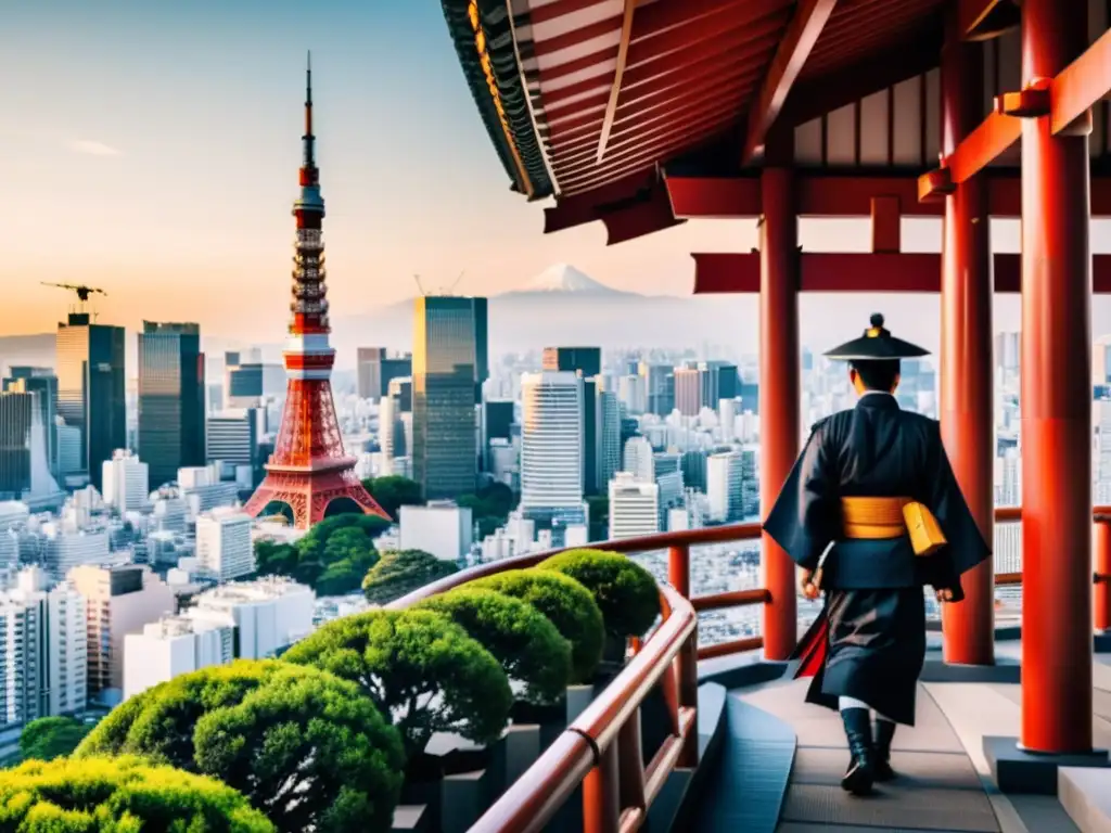 El ALT es: 'Tokyo Tower destaca en el horizonte de la ciudad moderna mientras samuráis, agentes de cambio, se mezclan con la vida urbana de Japón