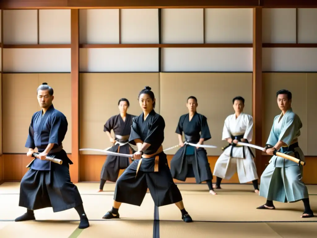 Práctica de iaido en dojo japonés: disciplina y gracia en movimiento