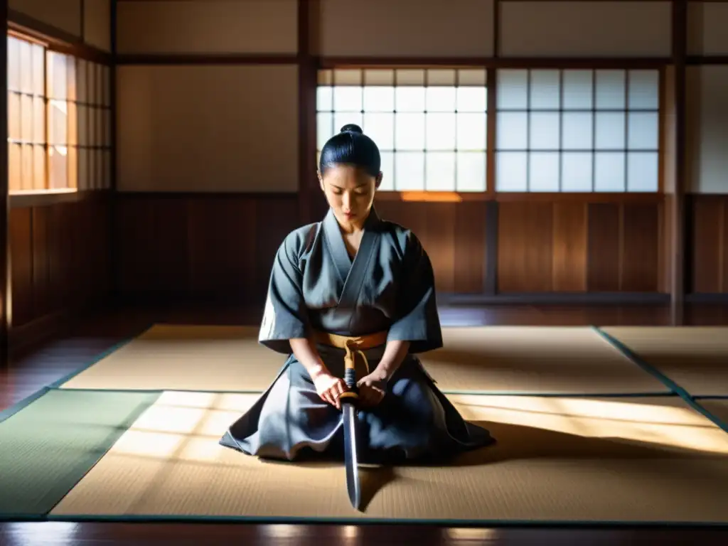 Un iaidoka se prepara mentalmente para Iaido, arrodillado en un dojo iluminado por la luz filtrada del sol, con su sensei observando en segundo plano