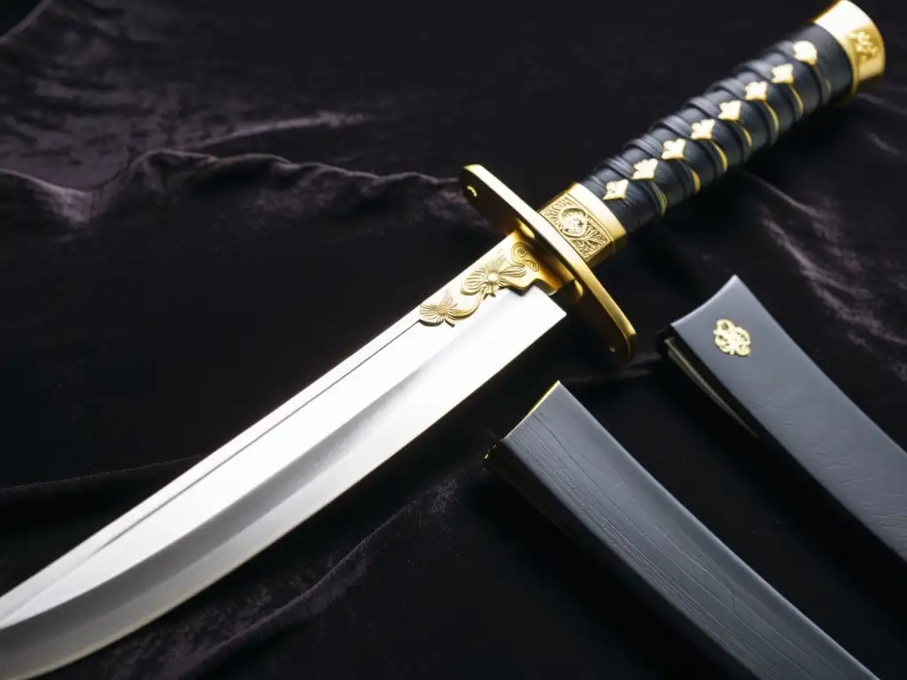 Dos icónicas espadas samurái, la katana y el wakizashi, exhiben sus diferencias en diseño y tamaño sobre un fondo de terciopelo negro