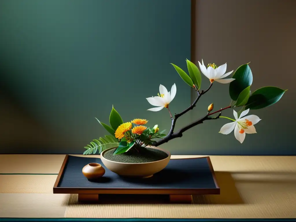 Una ikebana japonesa tradicional en 8k, con un arreglo floral preciso y minimalista