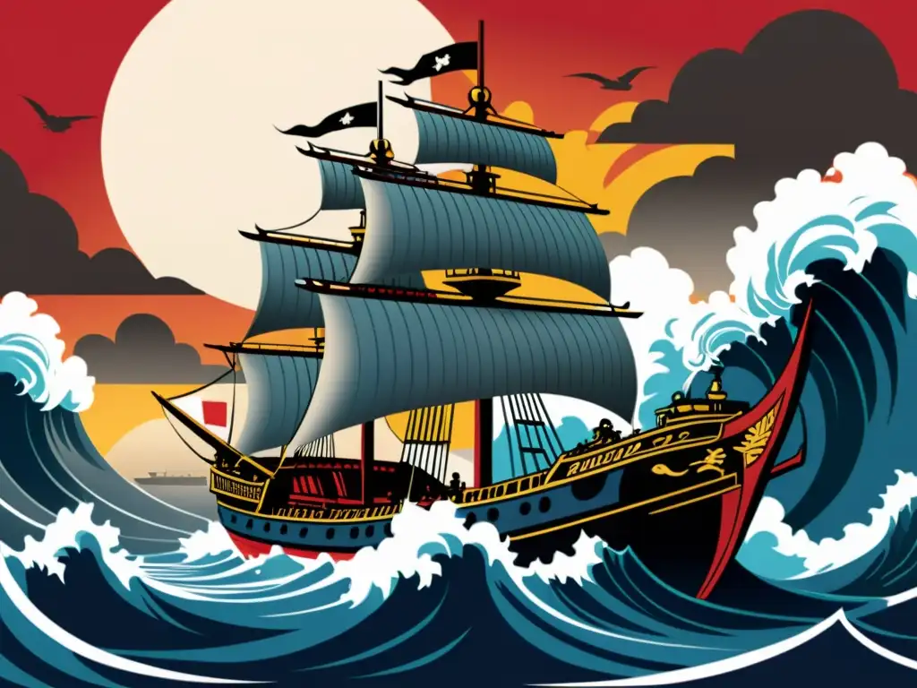 Batalla naval épica de los samuráis Wokou Una ilustración detallada de un barco de guerra samurái Wokou, destacando el diseño intrincado del casco, velas y armamento